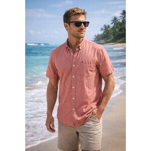 Billabong Mens Large Red Cotton Button Up Shirt Short Sleeve Casual Surf Shore